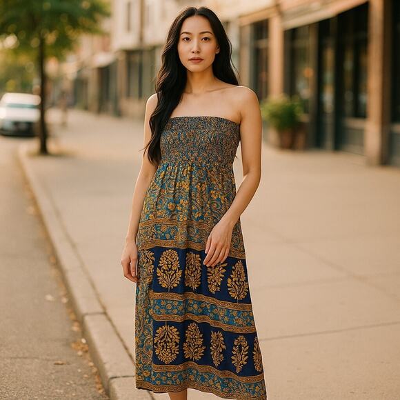 RAGA Bohemian Strapless Maxi Dress Size XS Orange and blue - Picture 9 of 9
